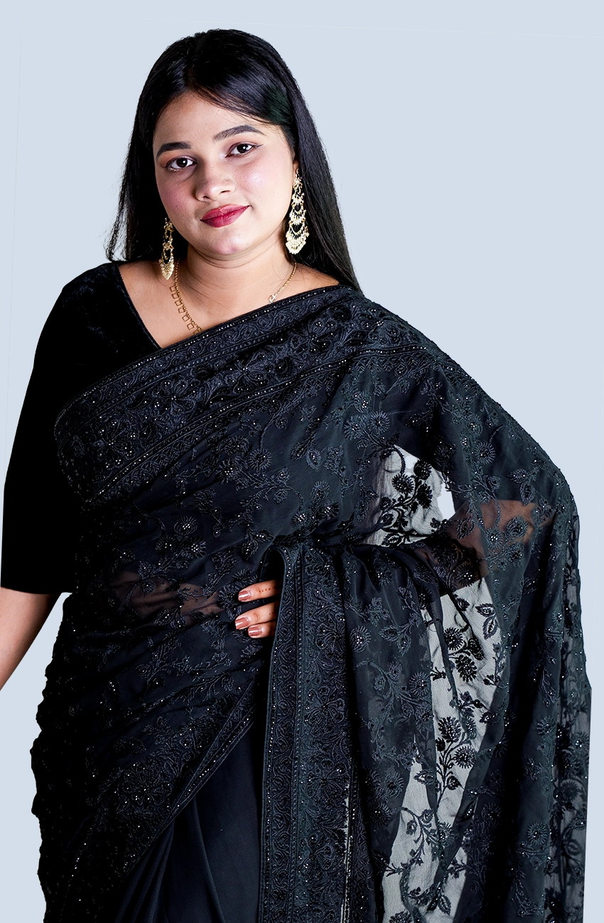 Black Soft Chiffon Georgette Saree with Elegant Stone & Embroidery Work